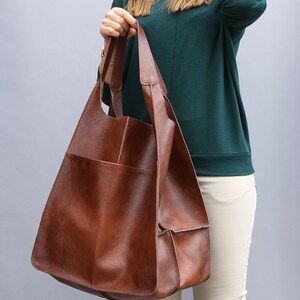 Weekender Oversized bag Large leather tote bag, Slouchy Tote, Cognac Brown Handbag for Women, Soft Leather Bag, Everyday Bag, Women bag image 9