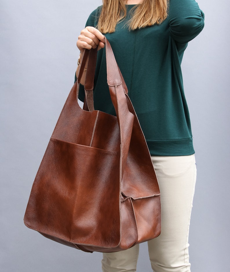 Weekender Oversized bag Large leather tote bag, Slouchy Tote, Cognac Brown Handbag for Women, Soft Leather Bag, Everyday Bag, Women bag image 9