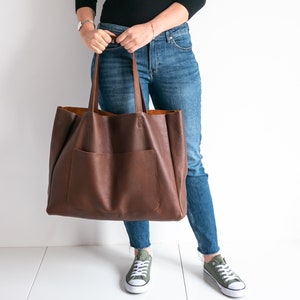 LARGE BROWN SHOULDER Bag, Oversize Leather Bag, Simple Large Everyday Leather Tote, Leather Women Purse, Shoulder Bag, Dark Brown Handbag
