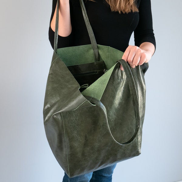 Vintage GRÜNE OVERSIZE Shopper Tasche - Große Einkaufstasche - Einkaufstasche - Große Alltagstasche - Einkaufstasche, DUNKLE Grüne Leder Umhängetasche