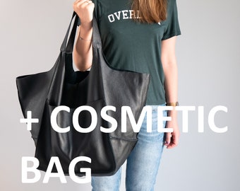 XXL Oversized Tasche + Kosmetiktasche, GROSSE schwarze LEDER Tasche, schwarze Slouchy Tasche, weiche Leder Freizeittasche, Ledertasche Schultertasche