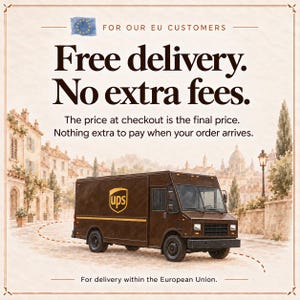 May include: A brown UPS delivery truck is centered in a European-style street scene. Text reads: FOR OUR EU CUSTOMERS, Free delivery. No extra fees. The price at checkout is the final price. Nothing extra to pay when your order arrives.