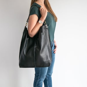 BLACK Leather Oversized HOBO Bag, Large Shopper Bag Black Large Purse BLACK Leather Handbag Everyday bag for women image 2