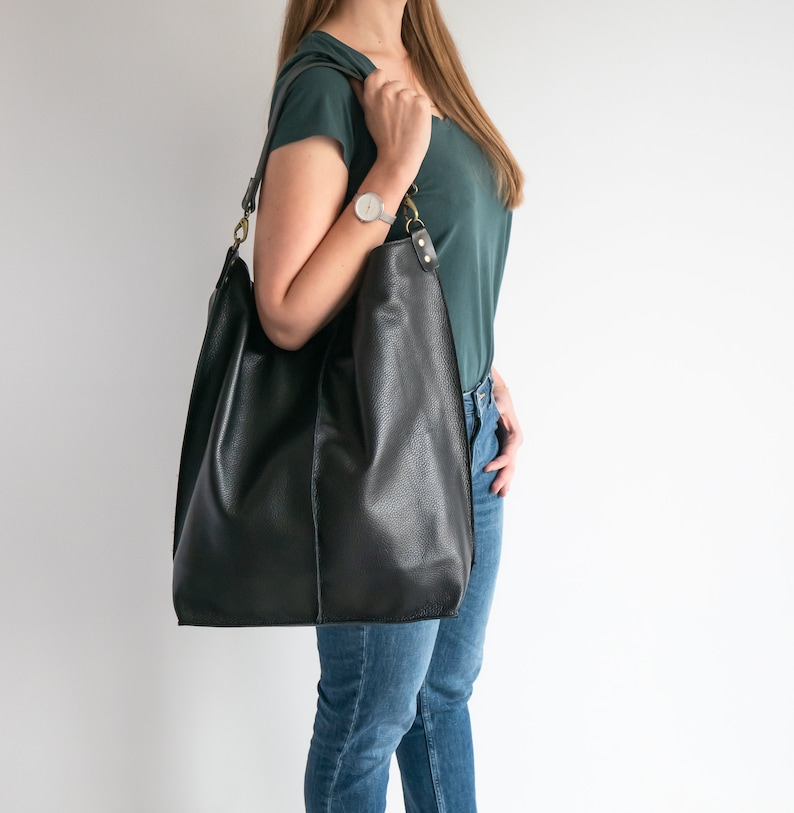 BLACK Leather Oversized HOBO Bag, Large Shopper Bag Black Large Purse BLACK Leather Handbag Everyday bag for women image 2