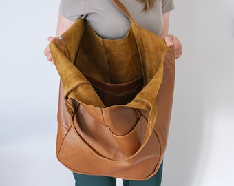 Camel Leather Tote | Oversized Shopper | Soft Slouchy Handbag | Women's Everyday Carryall | Spacious Shoulder Handbag | Versatile Shopper