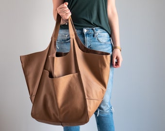 Weekender Oversized bag, Large leather Tote Bag, Slouchy Tote, Light Brown Handbag for Women, Soft Leather Bag, Everyday Bag