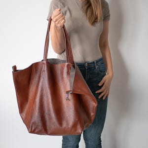 Cognac BROWN OVERSIZE SHOPPER Bag - BigTote - Leather Shoulder Bag - Shopping Bag - Large Purse - Travel Bag - Big Everyday Tote Bag