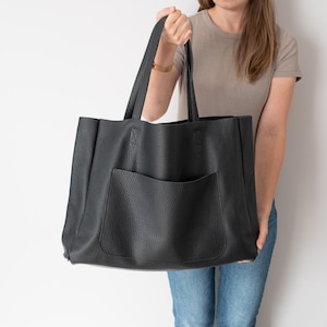 BLACK OVERSIZE Leather TOTE Bag, Big Leather Purse, Shopping Bag, Shoulder Bag, Leather Bag, Everyday Tote, Extra Large Tote, Laptop Bag
