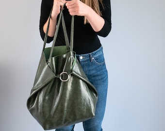 Dark GREEN OVERSIZE SHOPPER Bag - Large Tote - Big Tote Bag - Shopping Bag - Green Leather Shoulder Bag - Large Everyday Purse, Woman Bag