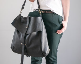 Oversize Backpack Purse, BLACK Weekender Bag, Big Black Bag, Leather Convertible Bag, Large Crossbody Bag, Large Leather Carryall Bag