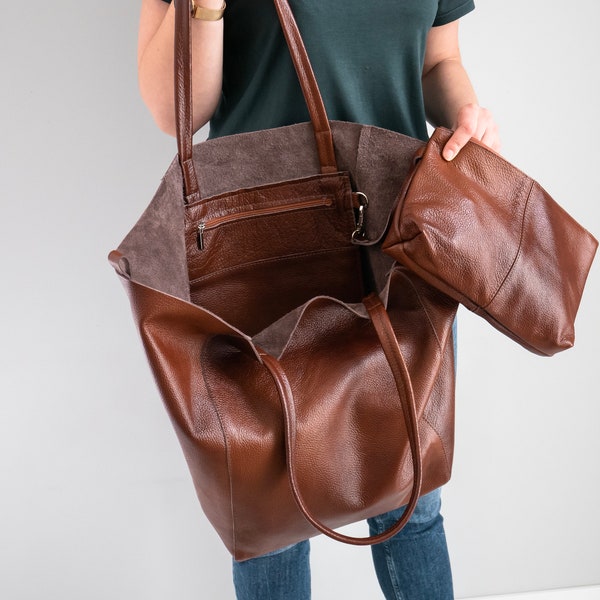 BROWN Large Tote - Cognac Leather Shoulder Bag - OVERSIZE SHOPPER Bag - Shopping Bag - Large Everyday Purse - Travel Bag - Big Tote Bag