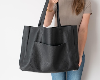 Elegant BLACK Leather Tote Bag - Oversized, Handcrafted, Versatile Everyday Shopper, Spacious Design, LARGE Leather Shopper Bag, Weekender