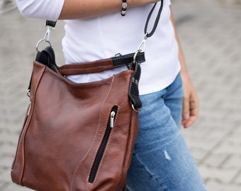 Bolso de hombro de piel, monedero de piel, bolso hobo color coñac, bolso de mano para mujer, bolso de piel, bolso cruzado para uso diario, bolso de piel
