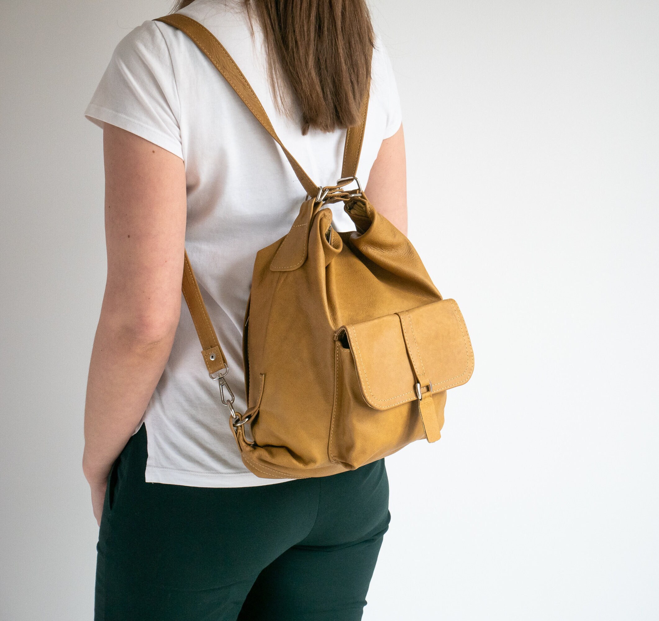 Yellow leather shop backpack purse
