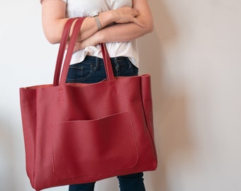 LEDER TASCHE | Übergroße Crimson Rot Handtasche | Geräumiger Arbeitsreise-Geldbeutel mit Taschen | Handgefertigte Umhängetasche | Große Geldbörse