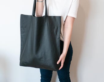 Black Leather Tote Bag, Oversized Soft Leather Shoulder Bag, Large Weekender Tote, Spacious Black Shopper, Big Handbag for Women 21" x 20"