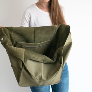 Olive Green LEATHER TOTE Bag, Slouchy Tote, Light Green Handbag for Women, Everyday Bag, Women leather bag, Weekender Oversized bag