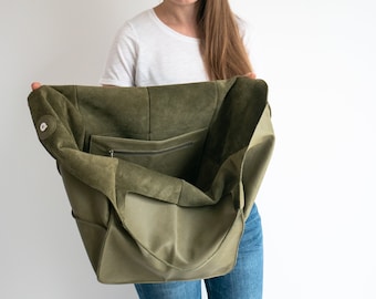 Olive Green LEATHER TOTE Bag, Slouchy Tote, Light Green Handbag for Women, Everyday Bag, Women leather bag, Weekender Oversized bag