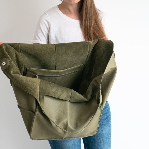 Bolsa tote de couro verde-oliva, bolsa desestruturada, bolsa de mão verde-clara feminina, bolsa para o dia a dia, bolsa de couro feminina, bolsa grande para viagens de fim de semana.