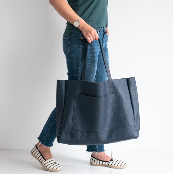 LARGE Tote Bag NAVY Blue OVERSIZE Shopper Leather Shopper 