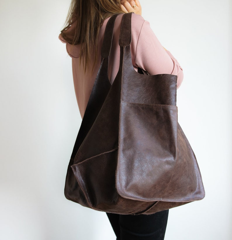 BROWN Antique LEATHER Tote Bag Slouchy Tote Cognac Handbag | Etsy