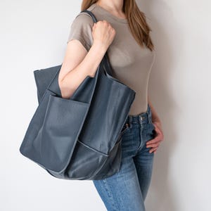 Navy Blue LEATHER TOTE Bag, Slouchy Tote, Everyday Leather Bag, Large Purse, Oversized Weekender, Real Leather Shopper, Minimalist Work Tote