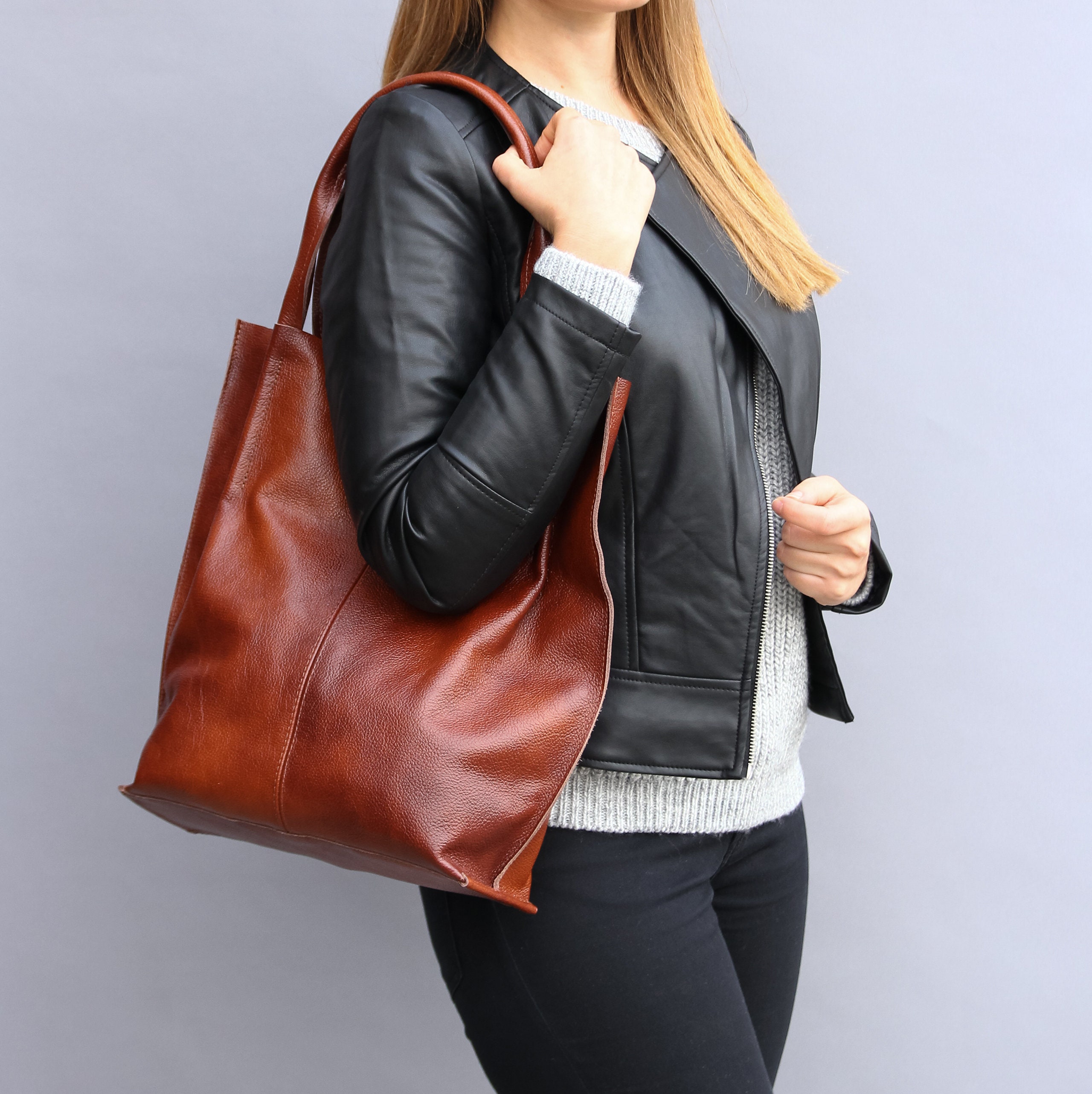 Cognac Brown Leather Shopper Bag Leather Tote Bag Large | Etsy