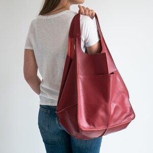 RED LEATHER TOTE bag, Slouchy Tote, Red Handbag for Women, Everyday Bag, Women leather bag, Weekender Oversized bag image 6