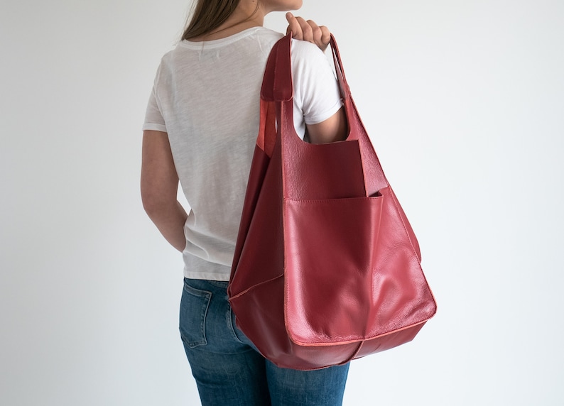 RED LEATHER TOTE bag, Slouchy Tote, Red Handbag for Women, Everyday Bag, Women leather bag, Weekender Oversized bag image 6