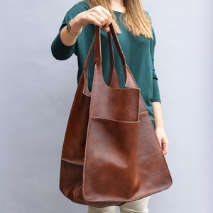 Weekender Oversized bag Large leather tote bag, Slouchy Tote, Cognac Brown Handbag for Women, Soft Leather Bag, Everyday Bag, Women bag image 10