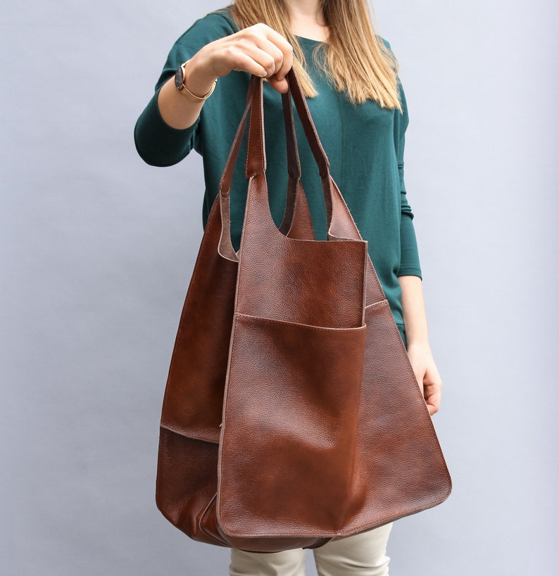 Weekender Oversized bag Large leather tote bag, Slouchy Tote, Cognac Brown Handbag for Women, Soft Leather Bag, Everyday Bag, Women bag image 10