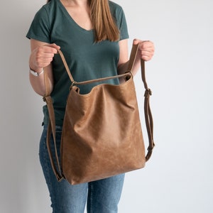 Light BROWN CONVERTIBLE Backpack, Antiqued BACKPACK Purse, Shoulder Bag, Crossbody Leather Handbag, School Distressed Leather Hobo Bag