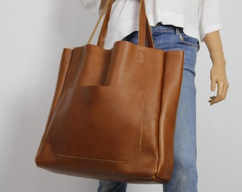 Large Brown Leather Tote Bag with Front Pocket | Pebbled Cowhide Shopper | Unlined Open Top Shoulder Purse | Minimalist Everyday Carryall
