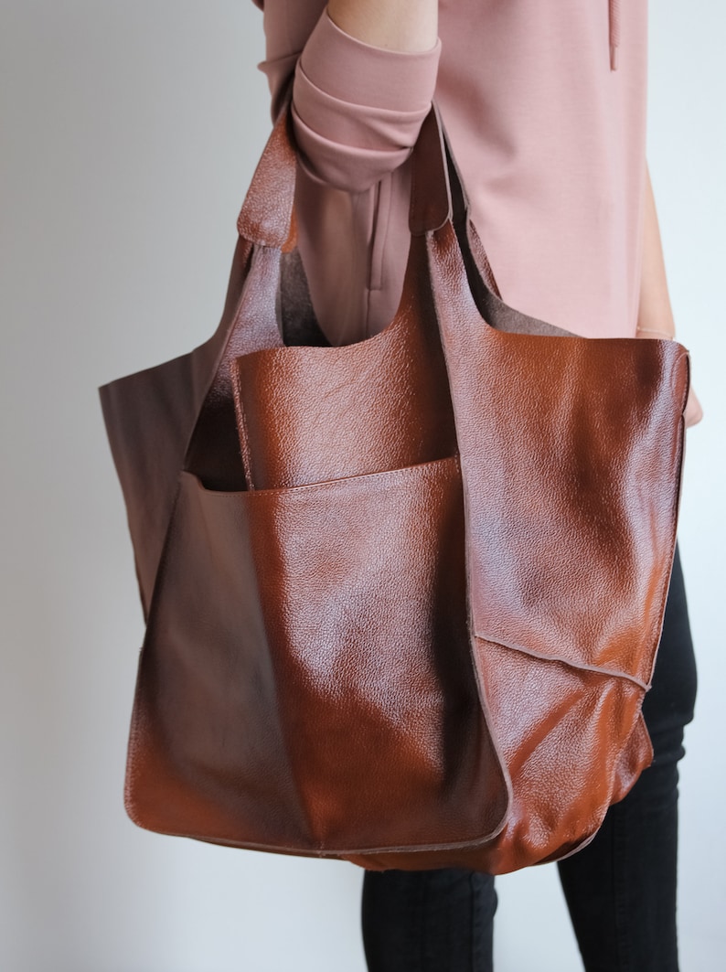 Cognac Oversized bag Large leather tote bag, Everyday Bag, Women leather bag Slouchy Tote, Cognac Handbag for Women, Soft Leather Bag image 2
