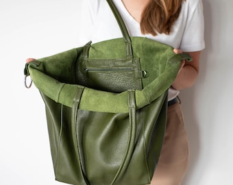 Olive Green Leather Tote Bag, Oversize Slouchy Hobo Purse, Large Soft Shoulder Shopper, Big Work Handbag with Pouch, Everyday Market Purse