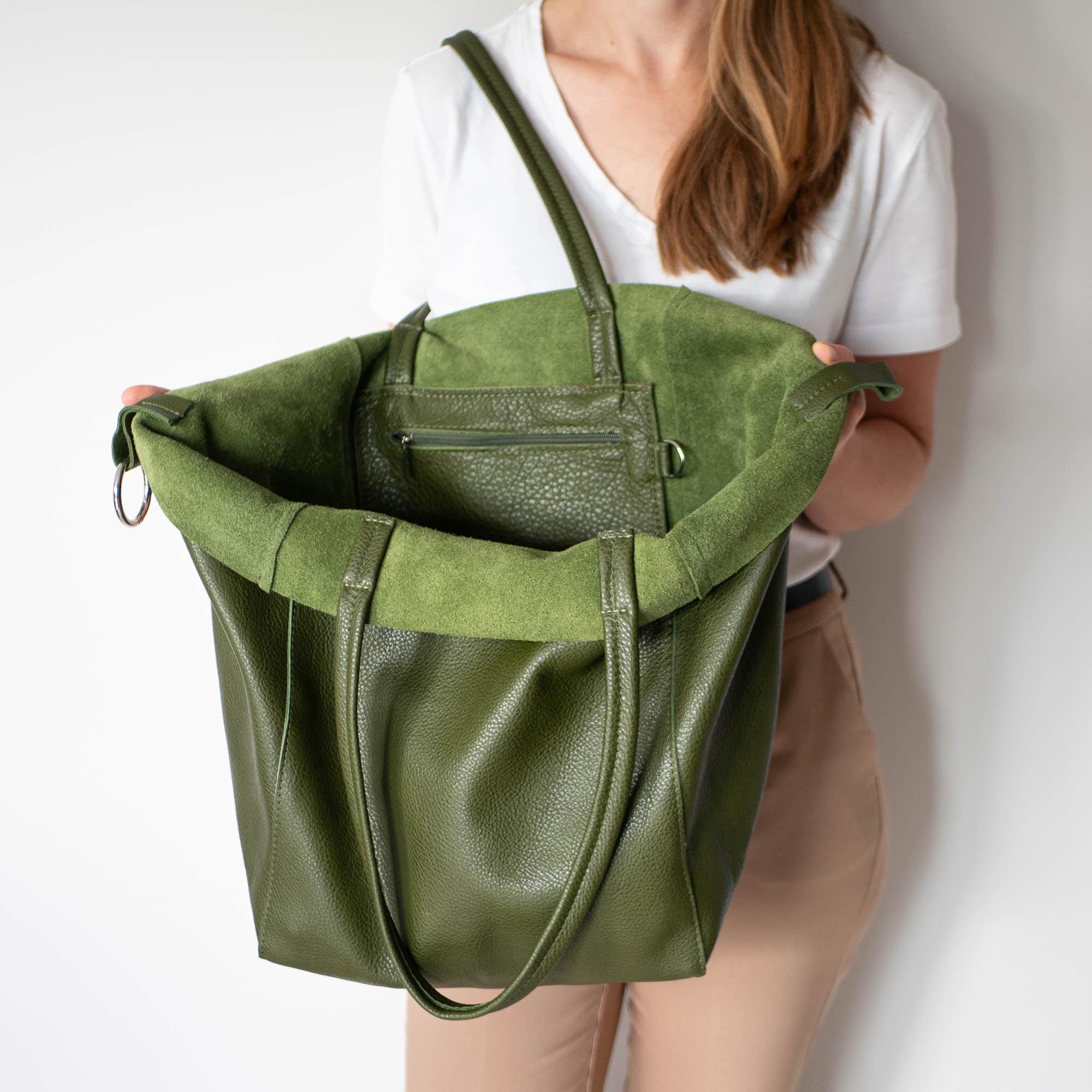 Olive Green Leather Tote Bag, Oversize Slouchy Hobo Purse, Large