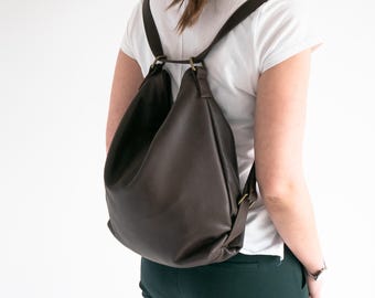 Brown CONVERTIBLE Backpack, Dark Brown Leather BACKPACK PURSE, Shoulder Bag, Crossbody Leather Handbag, Leather Hobo Bag, School Bag