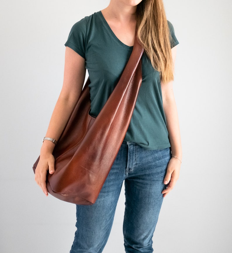 COGNAC Brown Leather HIPPIE Bag, Oversized BOHO Bag, Hobo Bag, Bohemian Leather Hobo Purse, Large Crossbody Hobo Bag Wide Strap, Boho image 1