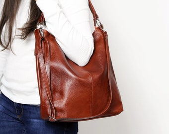 Bolsa Hobo em Couro Cognac, Bolsa Tote para Uso Diário, Bolsa Transversal, Bolsa de Ombro em Couro para Laptop, Bolsa Hobo, Bolsa de Mão em Couro Marrom