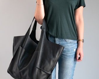 Weekender Oversized tas, grote leren tas, slouchy tas, zwarte handtas voor dames, zachte leren tas, alledaagse tas