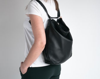 CONVERTIBLE Backpack, BLACK Shoulder Bag, Leather BACKPACK Handbag, Leather Hobo Bag, Crossbody Leather Bag, Black Purse