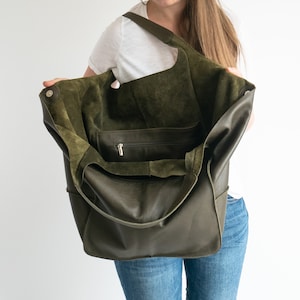 Dunkel OLIVE GRÜN Große Schultertasche, Große Hobo Tasche, Oversize Tote, Große Handtasche, Ledertasche, Weiches Leder Foldover Designer Handtasche