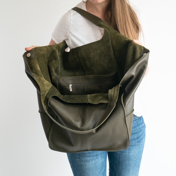 Dark OLIVE GREEN Large Shoulder Bag, Large Hobo Bag, Oversize Tote, Large Handbag, Leather Bag, Soft Leather Foldover Designer Handbag