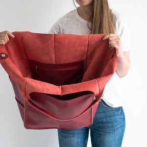 RED LEATHER TOTE bag, Slouchy Tote, Red Handbag for Women, Everyday Bag, Women leather bag, Weekender Oversized bag image 10