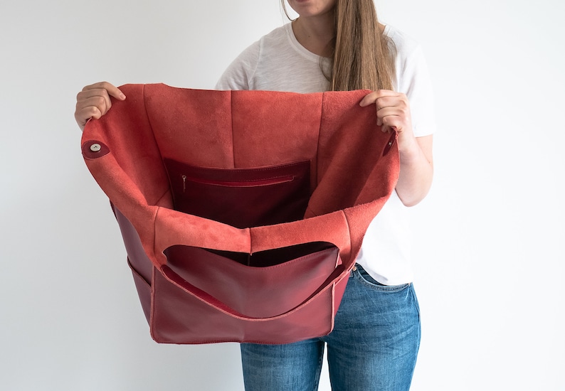 RED LEATHER TOTE bag, Slouchy Tote, Red Handbag for Women, Everyday Bag, Women leather bag, Weekender Oversized bag image 10