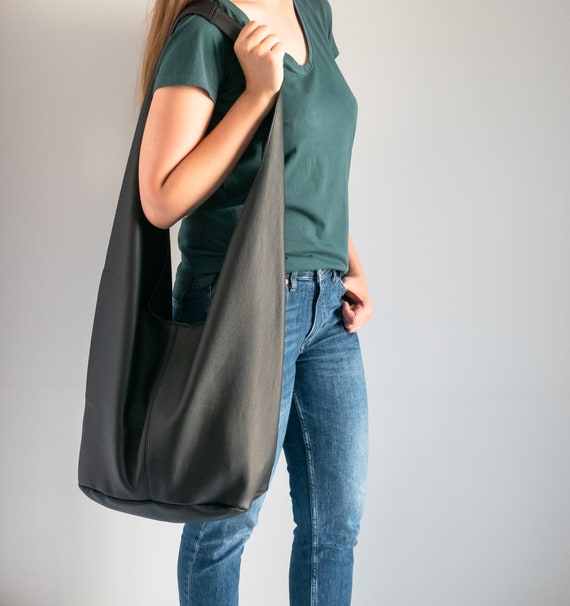 Black Leather HIPPIE Bag Large BOHO Bag Oversized Hobo Bag 