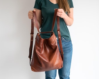 Cognac Brown CONVERTIBLE Backpack, Leather BACKPACK PURSE, Shoulder Bag, Crossbody Leather Handbag, School Bag, Chestnut Hobo, Carry All Bag