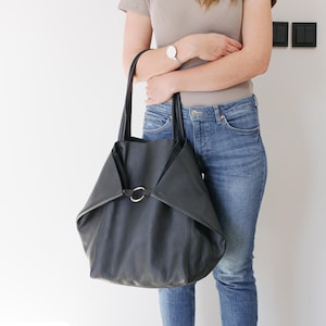 LARGE Black LEATHER TOTE Bag | Oversized Black Shoulder Purse | Everyday Shopper Handbag | Women&#39;s Travel Carry-All | Spacious Work Bag