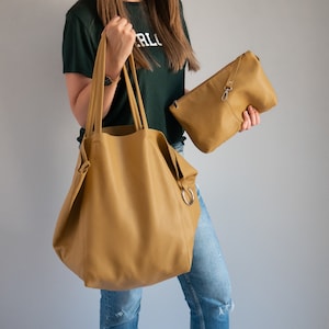 Yellow LEATHER TOTE BAG | Oversized Shopper Bag | Large Leather Shoulder Bag | Travel Bag + Detachable Cosmetic Pouch | Large Everyday Purse
