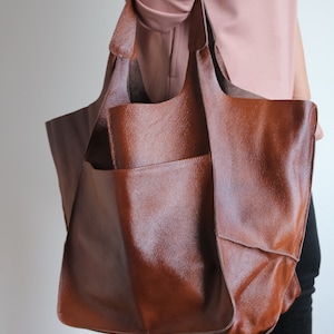 COGNAC LEATHER TOTE Bag, Slouchy Tote, Cognac Handbag for Women, Everyday Bag, Women leather Bag, Weekender Oversized Bag, Leather Purse image 4